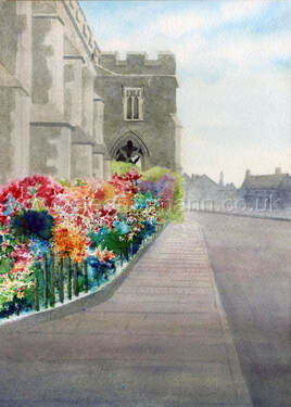 Original watercolour painting of St Peter's church in Sudbury with summer flowers by Suffolk artist Eleanor Mann