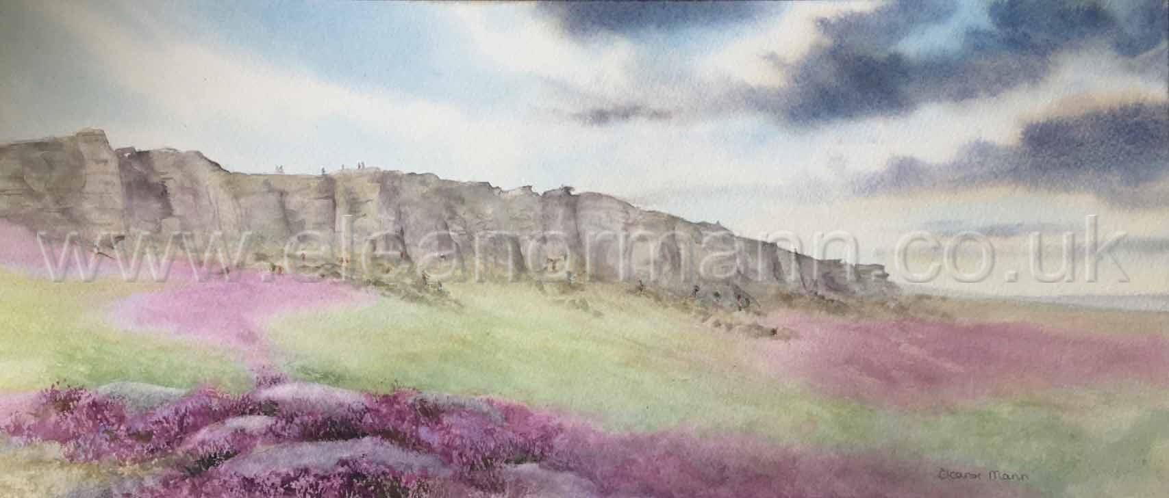 Original watercolour painting of Stanage Edge is a gritstone escarpment in the Peak District, England, famous as a location for climbing. It lies a couple of miles to the north of Hathersage, and the northern part of the edge forms the border between the High Peak of Derbyshire and Sheffield in South Yorkshire.